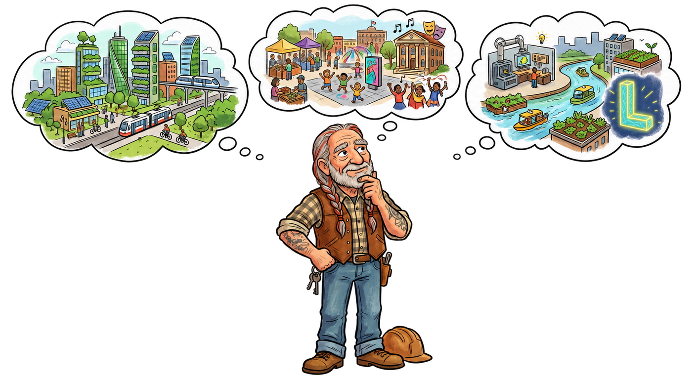 A thoughtful cartoon tradesperson with three thought bubbles imagining greener neighbourhoods, community arts and gatherings, and waterfront innovation