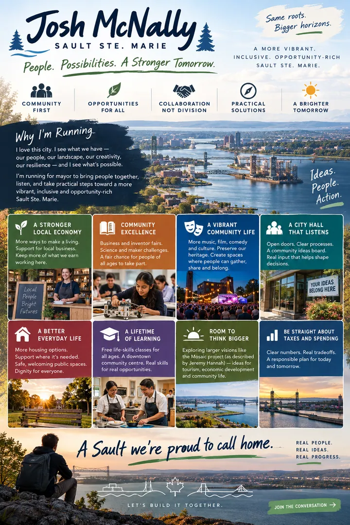 Josh McNally platform-at-a-glance campaign poster. Its priorities are provided as text on the following pages.